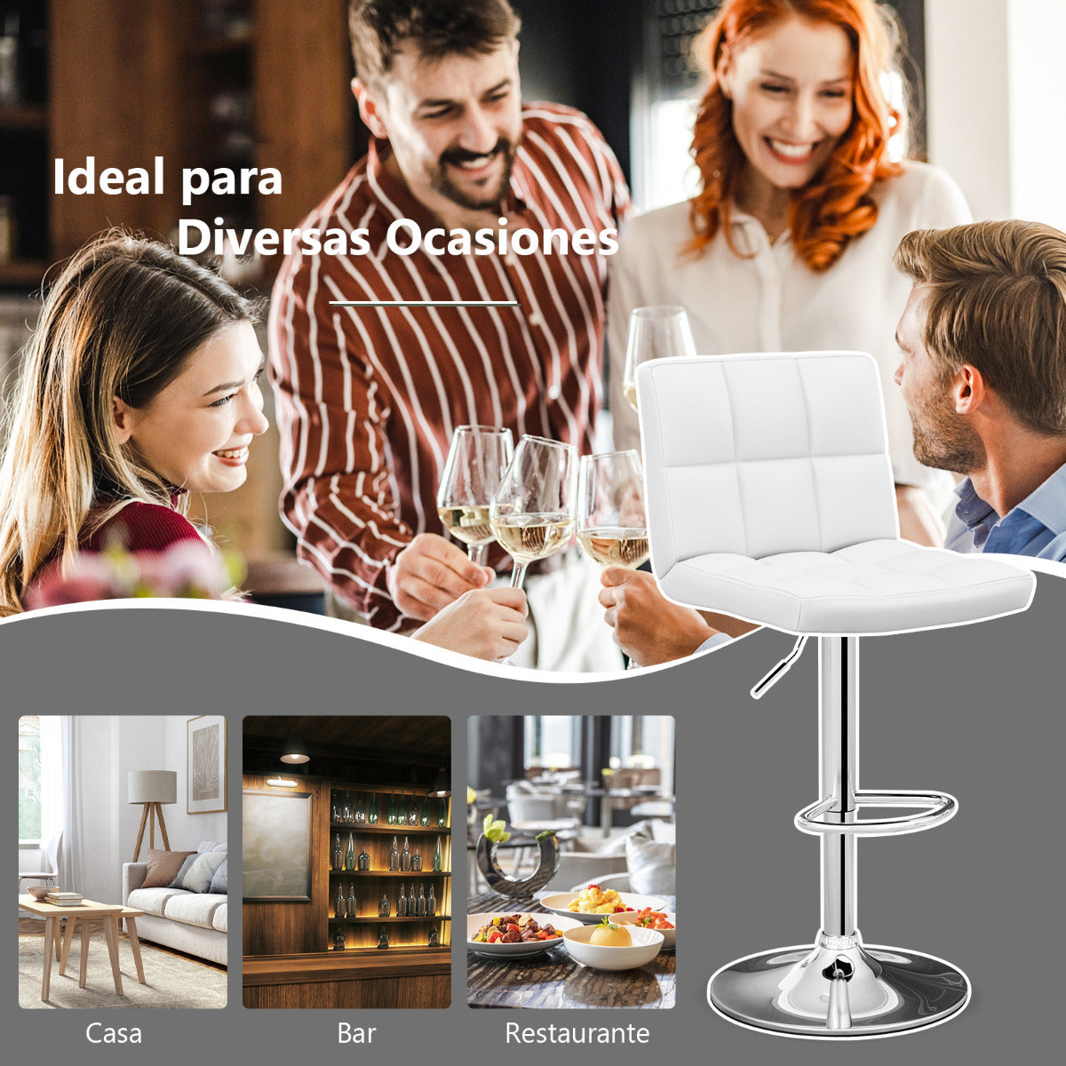 Juego de 2 Taburetes de Piel Sintética con Altura Ajustable Asiento Giratorio de 360° Reposapiés y Base Metálica Silla de Comedor Blanco