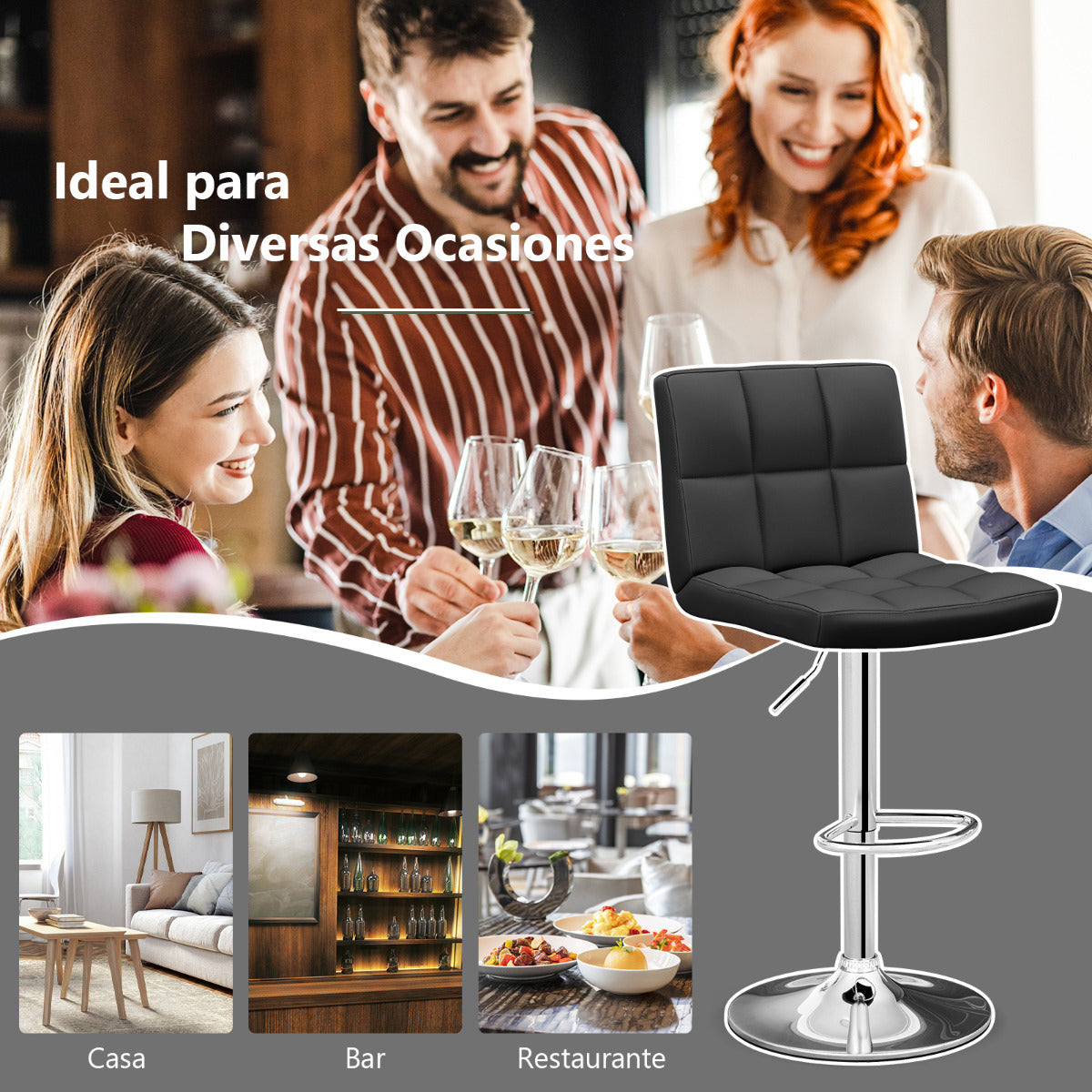 Juego de 2 Taburetes de Piel Sintética con Altura Ajustable Asiento Giratorio de 360° Reposapiés y Base Metálica Silla de Comedor Negro