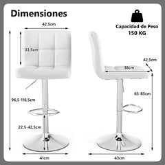 Juego de 2 Taburetes de Piel Sintética con Altura Ajustable Asiento Giratorio de 360° Reposapiés y Base Metálica Silla de Comedor Blanco