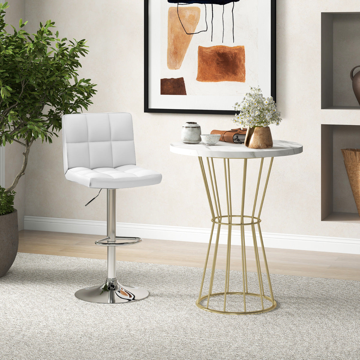 Juego de 2 Taburetes de Piel Sintética con Altura Ajustable Asiento Giratorio de 360° Reposapiés y Base Metálica Silla de Comedor Blanco