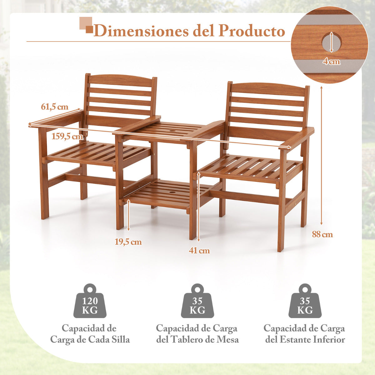 Sofá de 2 Plazas para Patio con Mesa de Centro de Madera Juego de Muebles con Orificio para Sombrilla para Jardín Piscina Balcón Terraza