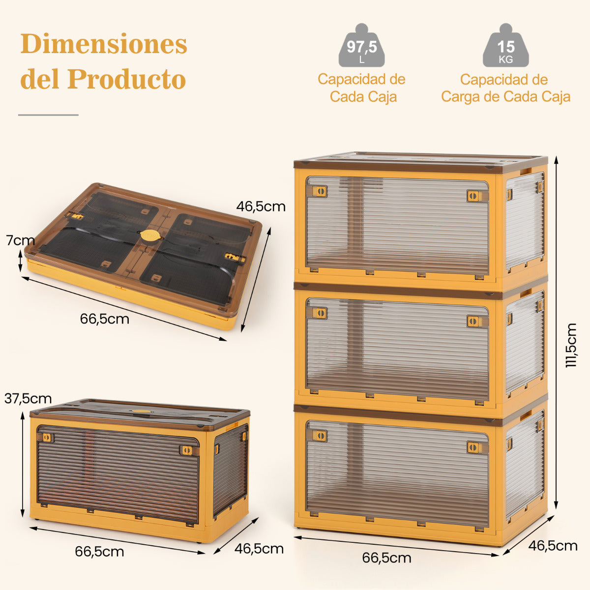 Juego de 3 Contenedores Plegables Apilables con Tapas 292,5L con Ruedas y 5 Puertas Cajas para Organización de Oficina Casa Camping Amarillo