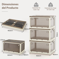 Juego de 3 Contenedores Plegables Apilables con Tapas 292,5L con Ruedas y 5 Puertas Cajas para Organización de Oficina Casa Camping Blanco
