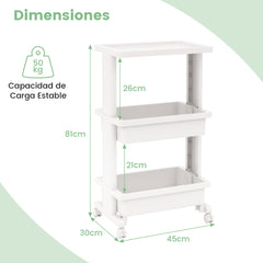 Carro Rodante de 3 Niveles con Mesa Utilitario de Plástico Ruedas Carro de Almacenamiento para Cocina Baño Oficina 45 x 30 x 81 cm Blanco