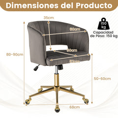 Silla de Terciopelo Giratoria con Respaldo y Asiento Capitoné Base Dorada y Ruedas Giratorias Altura Ajustable Función Inclinación Gris