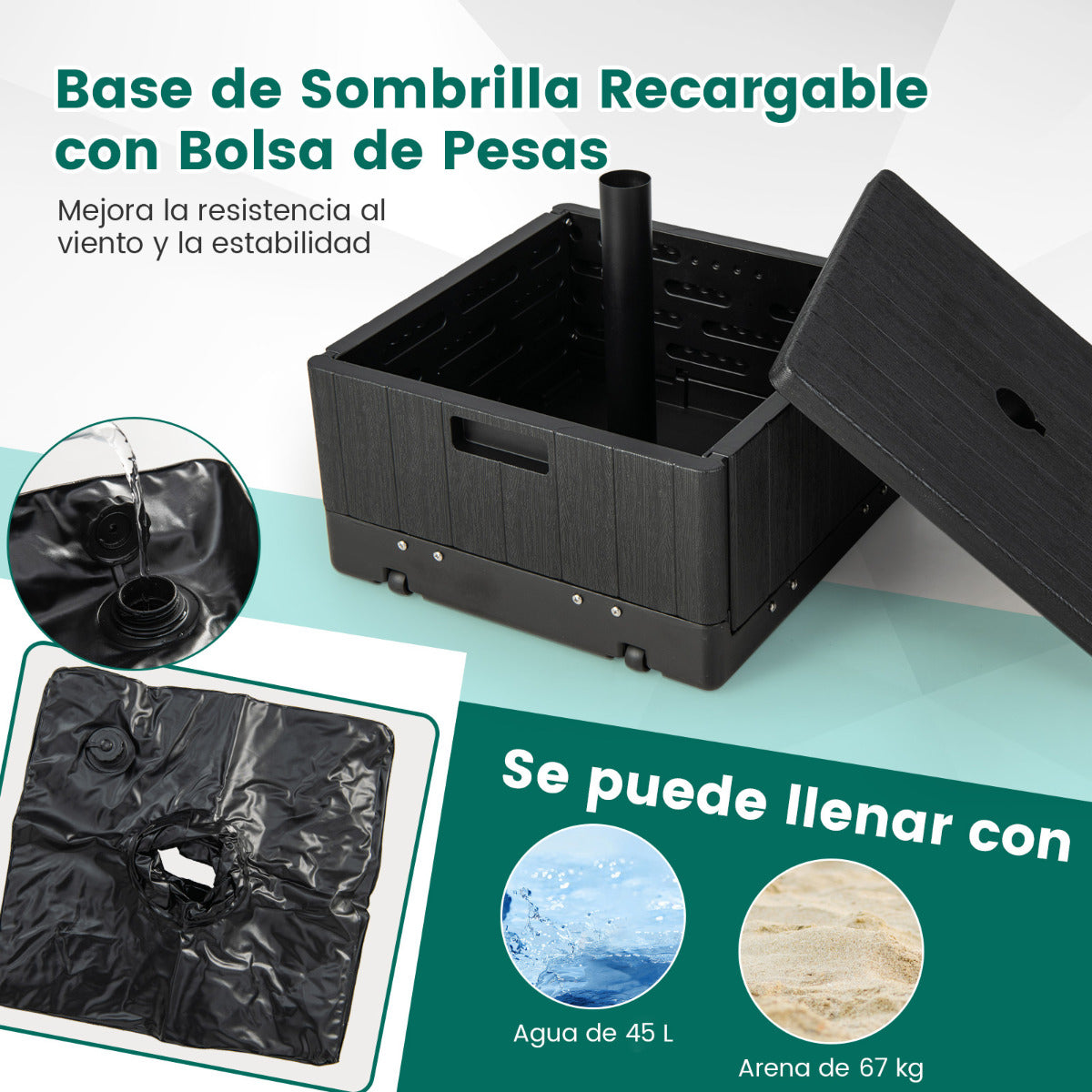 Base de Sombrilla con Ruedas Bandeja de Mesa Soporte Sombrilla Exterior Apto para Postes de 38/48mm Rellenable de Agua 45L Arena 67kg