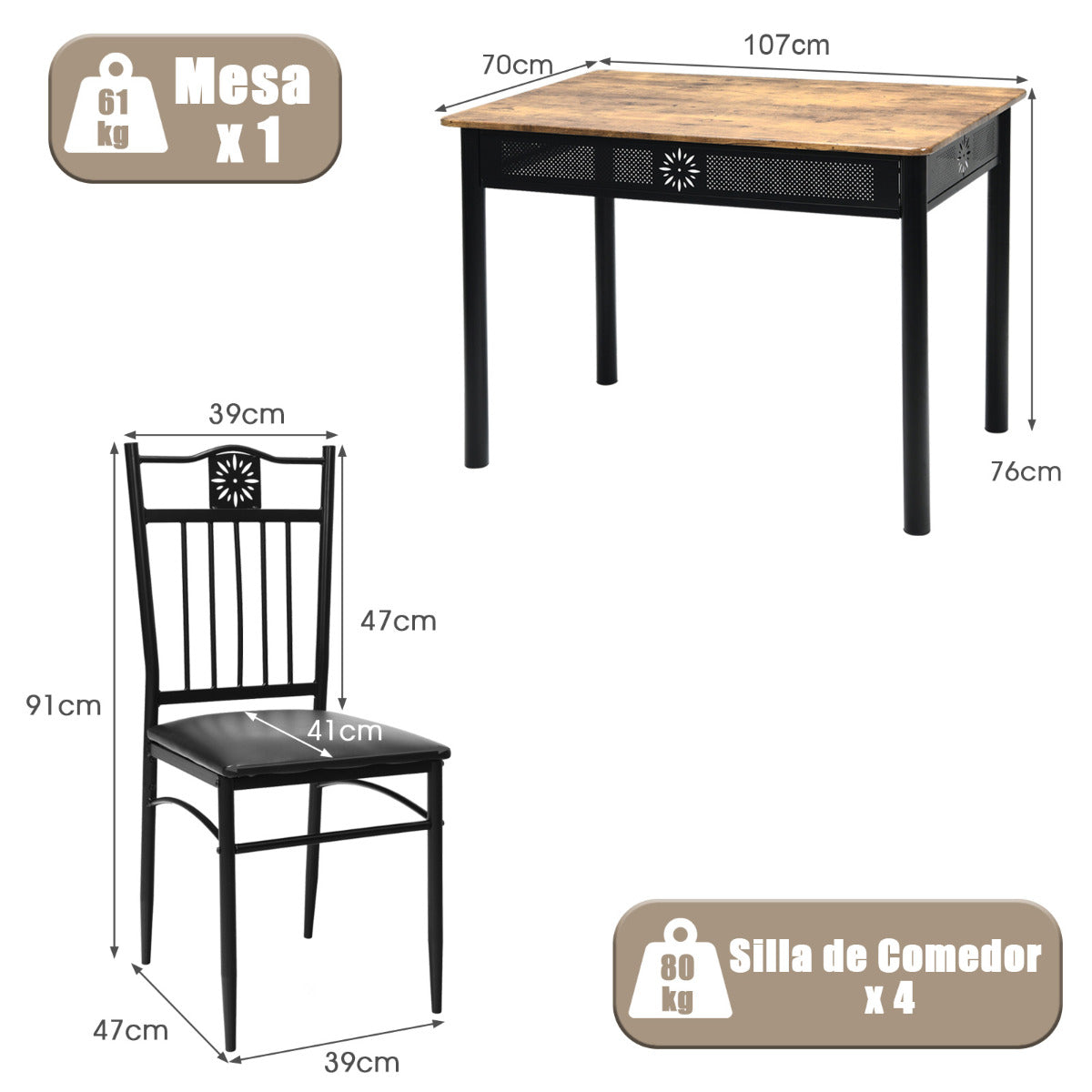 Juego de Mesa de Comedor Moderna con 4 Sillas Tapizadas para Hogar y Restaurante Negro