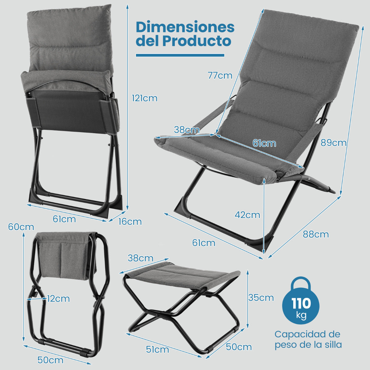 Silla Plegable para Patio con Otomana Sillón Portátil para Exteriores con Reposapiés y Cojín Extraíble Silla de Playa Reclinable Gris