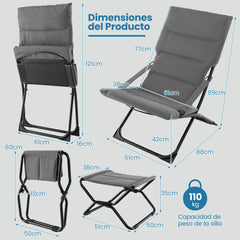 Silla Plegable para Patio con Otomana Sillón Portátil para Exteriores con Reposapiés y Cojín Extraíble Silla de Playa Reclinable Gris