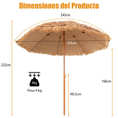 Sombrilla Tiki de Paja 205 cm Hawaiana con 8 Costillas de Metal Superior de 7 Niveles Portátil para Playa Patio Piscina Natural