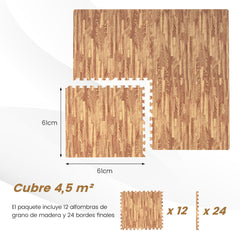 12 Esterilla de Fitness Alfombras de Piso de Espuma EVA de Grano de Madera Baldosas de Enclavamiento con Bordes para Hogar Sótano 61 x 61 cm