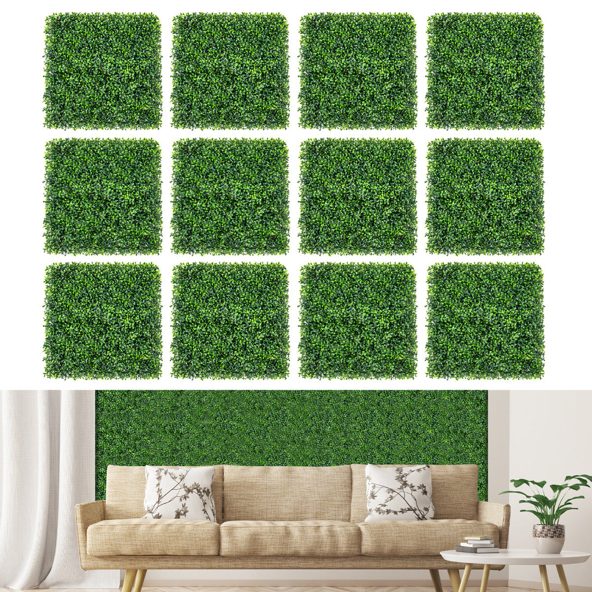 12 Piezas de Paneles Artificiales de Buxus de 50 x 50 CM Paneles de Pared de Césped de Fondo Verde con Protección Solar para Jardín y Patio