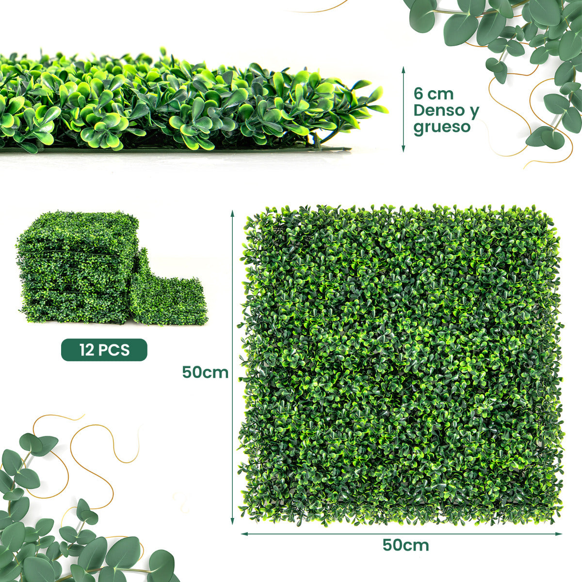 12 Piezas de Paneles Artificiales de Buxus de 50 x 50 CM Paneles de Pared de Césped de Fondo Verde con Protección Solar para Jardín y Patio