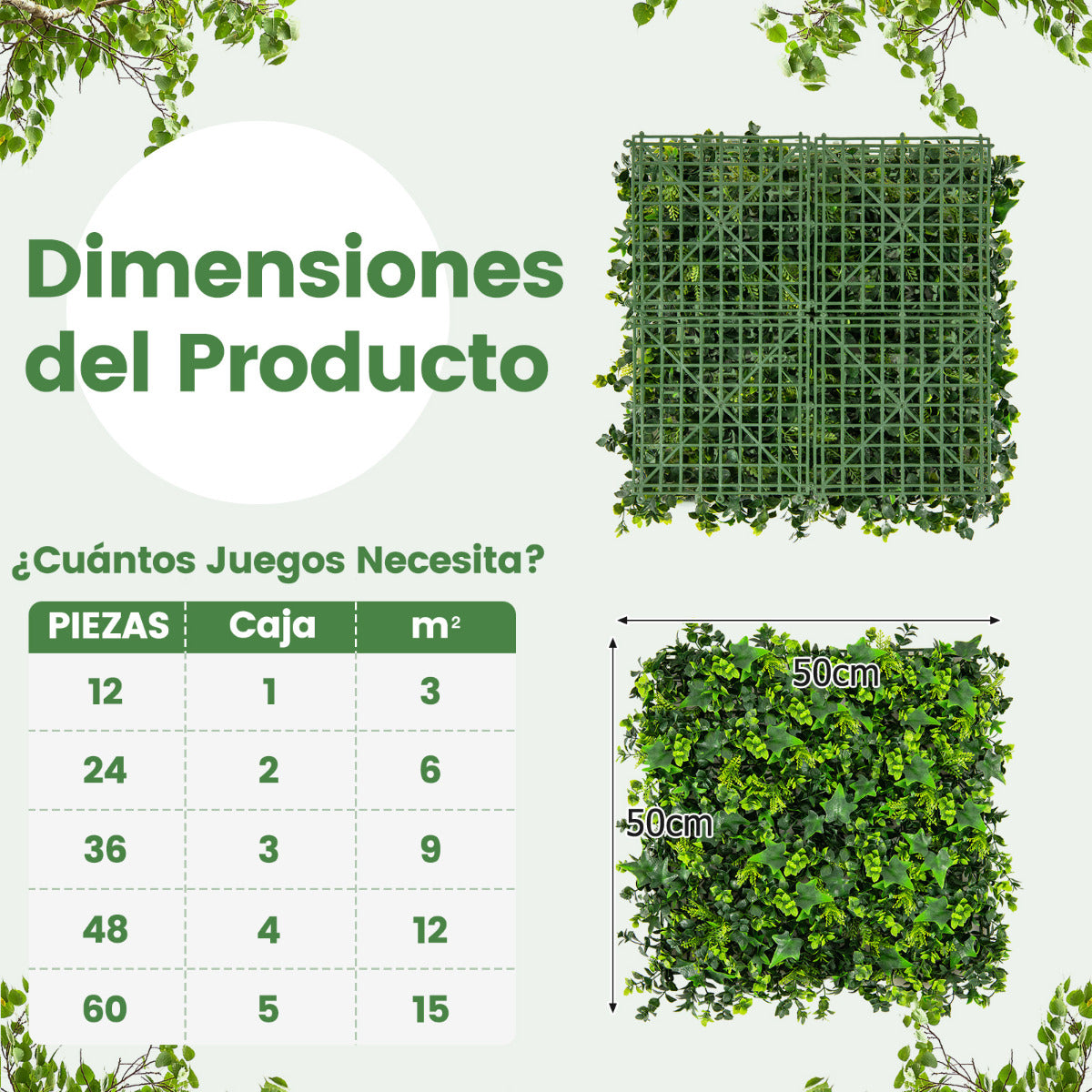 12 Piezas de Paneles de Pared de Césped Artificial 50 x 50 cm Paneles de Hiedra Falsa con Protección Solar Decoración para Jardín Patio