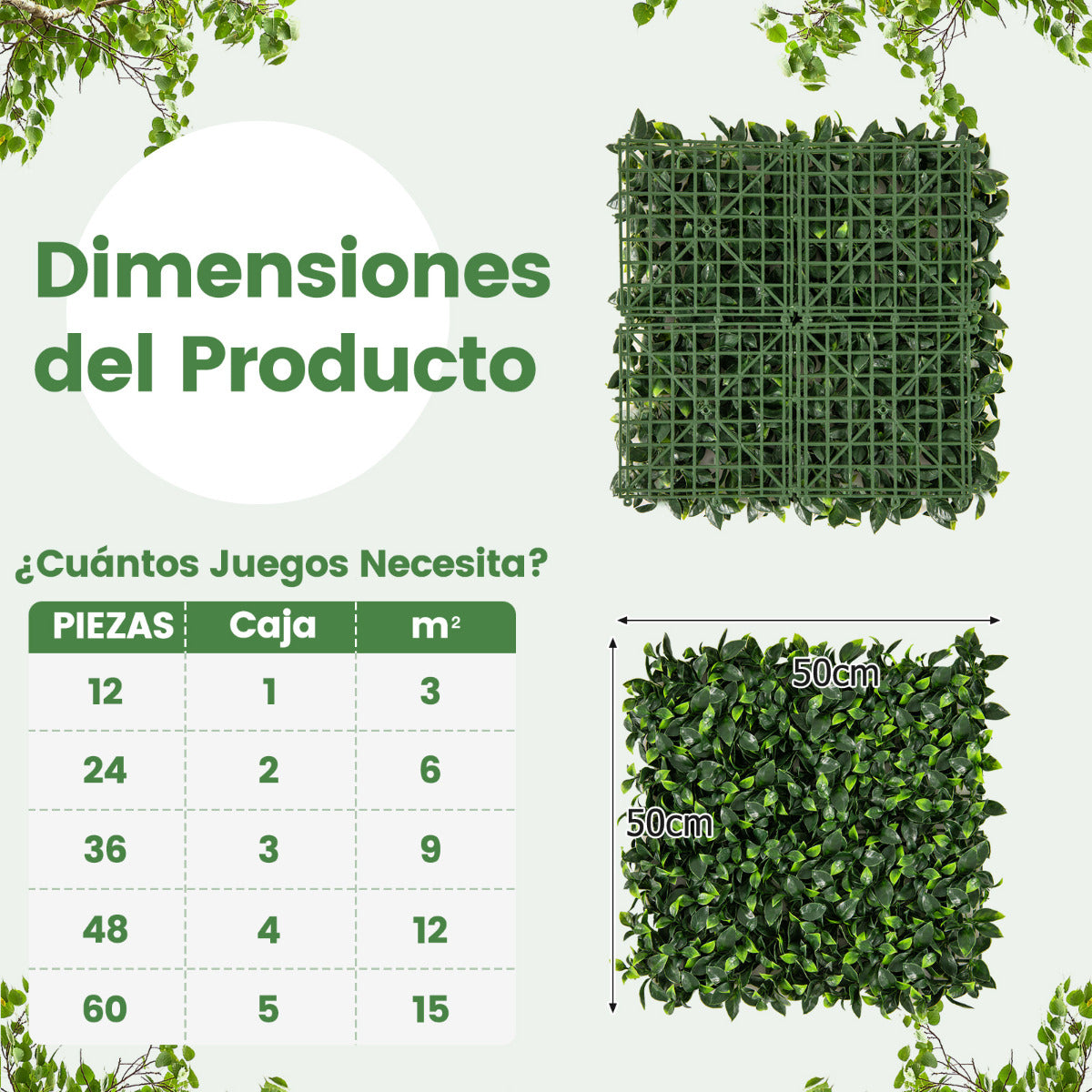 12 Piezas de Paneles de Pared de Césped Artificial 50 x 50 cm Paneles de Hiedra Topiaria Gardenia Falsa Fondo de Pared de Vegetación