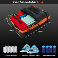 Portaequipajes de Techo de 600 L Impermeable para Todos los Coches con/sin Baca Bolsa de Equipaje 132 x 100 x 43 cm