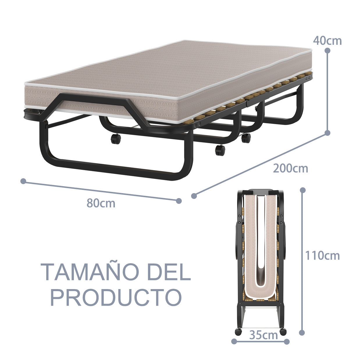 Cama Plegable con Colchón de Espuma Memoria Ruedas Marco Metálico Cama Portátil para Invitados Oficina 200 x 80 x 40 cm Beige