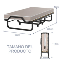 Cama Plegable con Colchón de Espuma Memoria Ruedas Marco Metálico Cama Portátil para Invitados Oficina 200 x 80 x 40 cm Beige