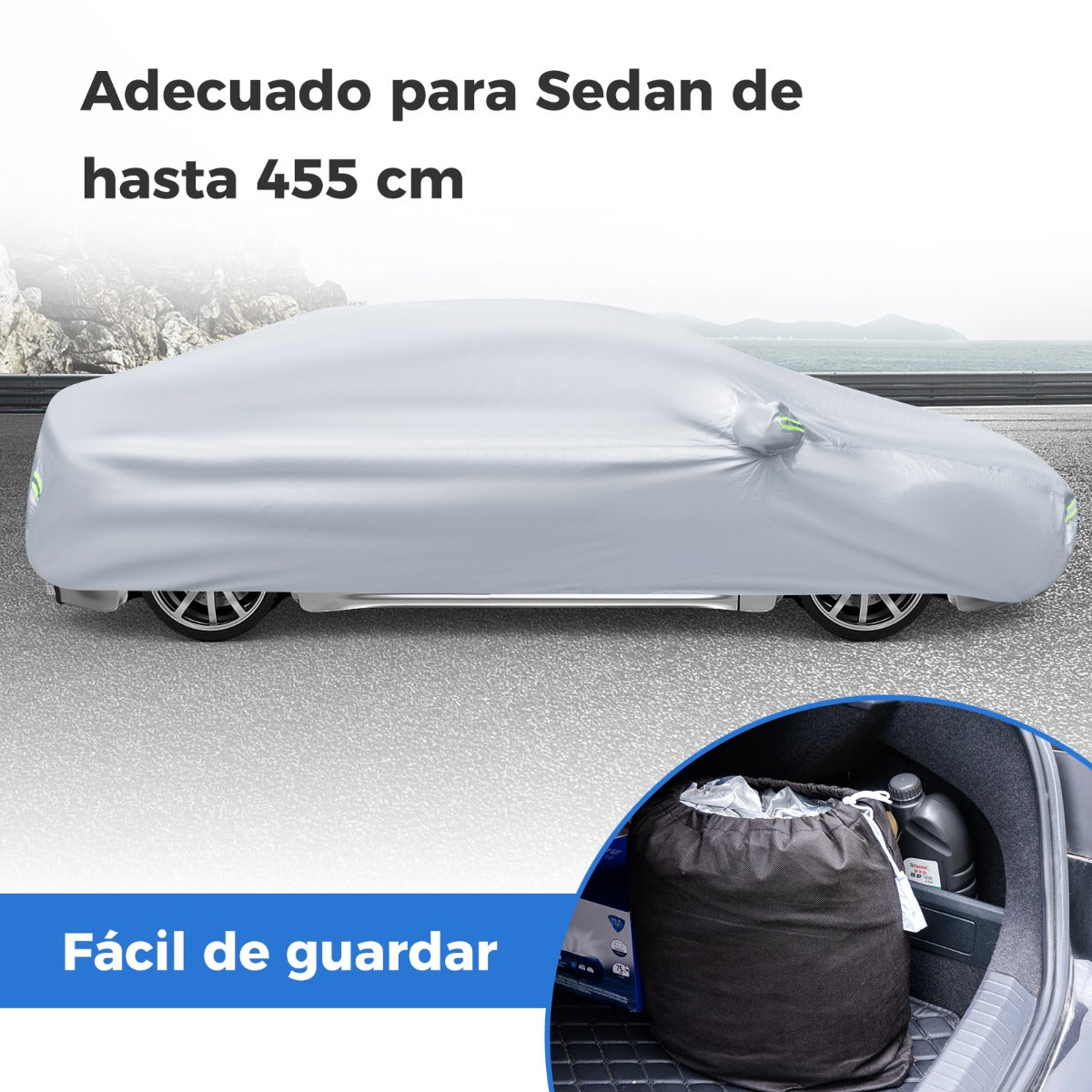 Funda Coche con Cremallera Tiras Reflectantes y Bolsa de Almacenamiento Funda para Auto para Rayos UV Lluvia y Nieve 455 x 165 cm Negro