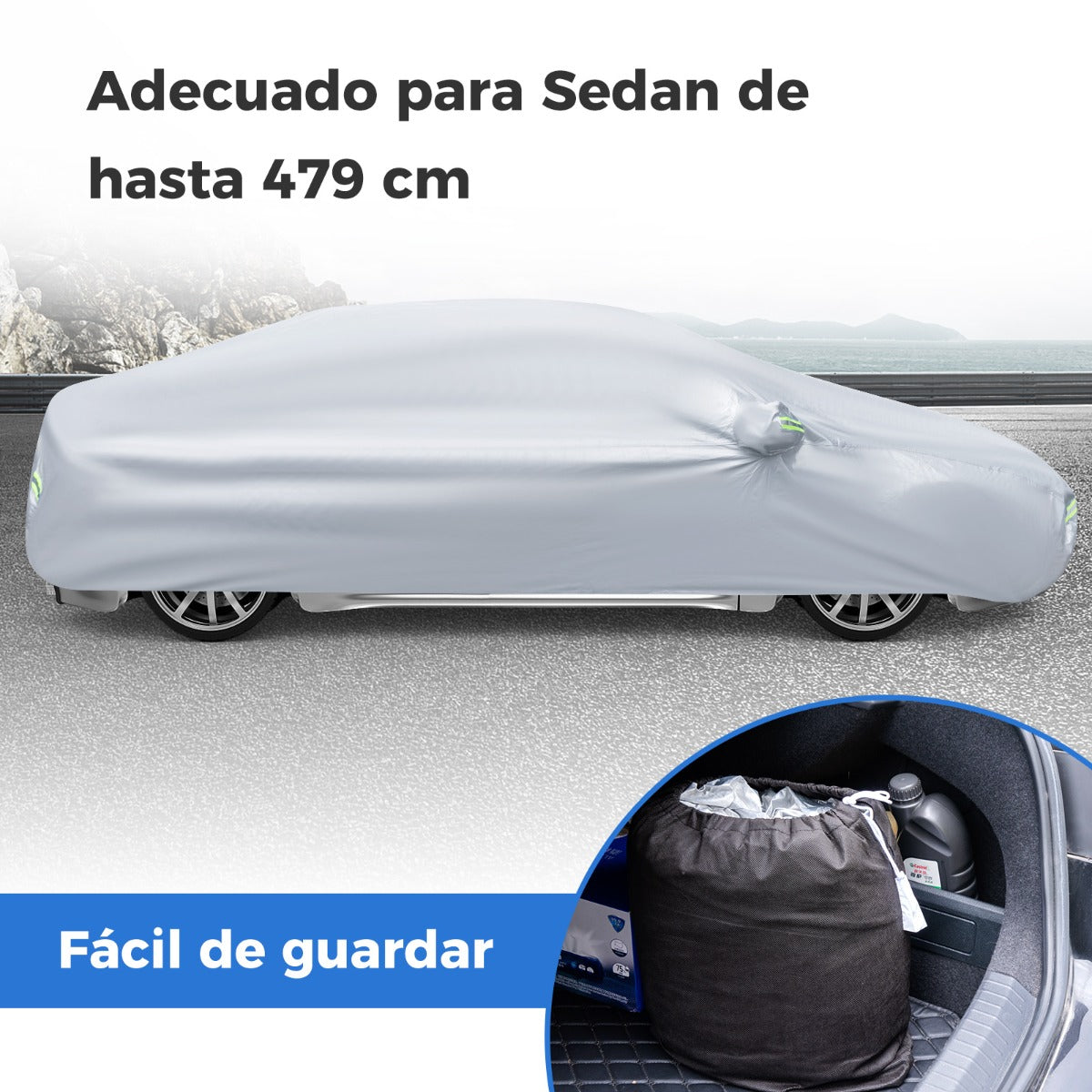 Funda Coche con Cremallera Tiras Reflectantes y Bolsa de Almacenamiento Funda para Auto para Rayos UV Lluvia y Nieve 479 x 173 cm Negro
