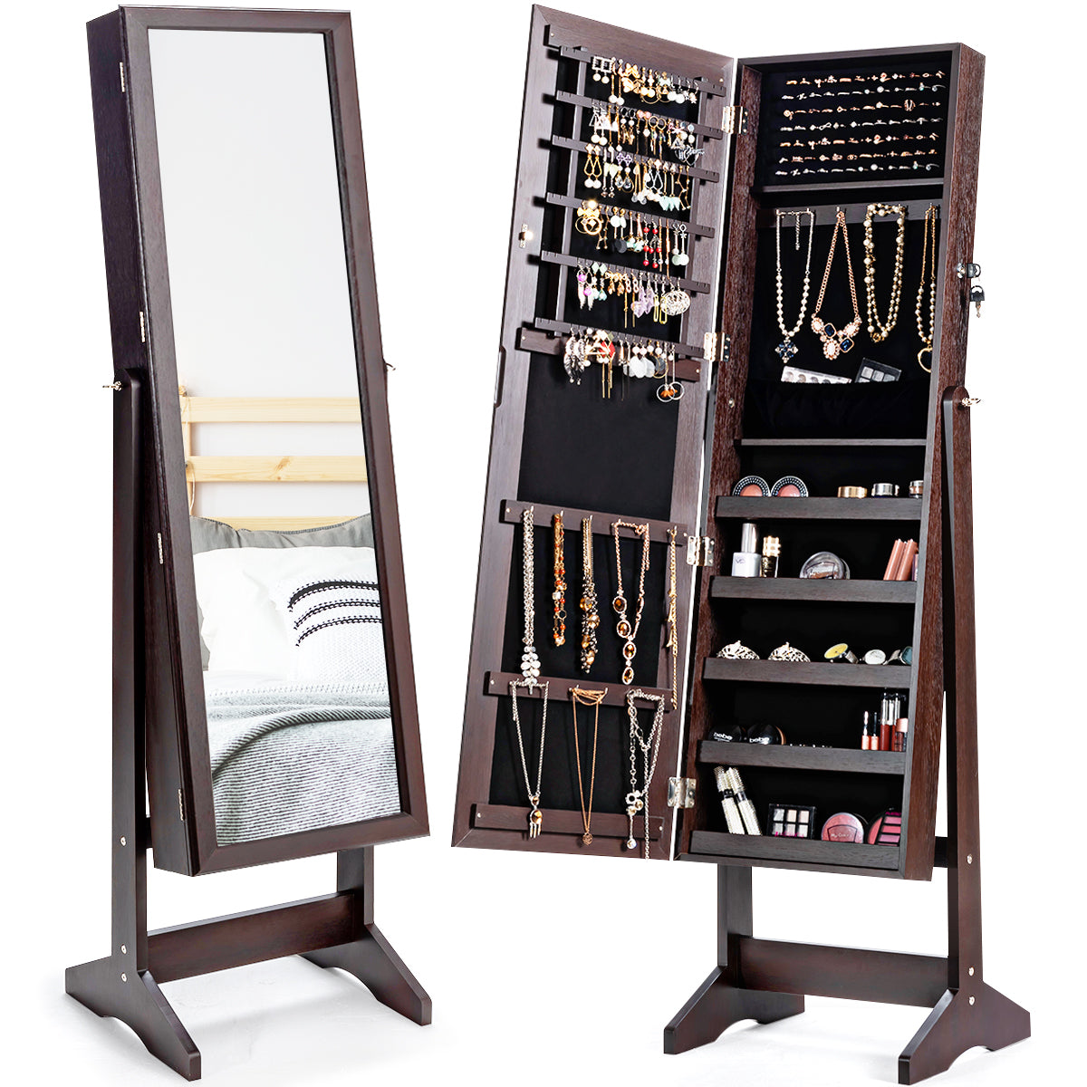Armario para Joyas con Espejo de Cuerpo Entero Organizador Joyería con 108 Ranuras 18 Ganchos 98 Ranuras 5 Estantes 41 x 36,5 x 146 cm Marrón