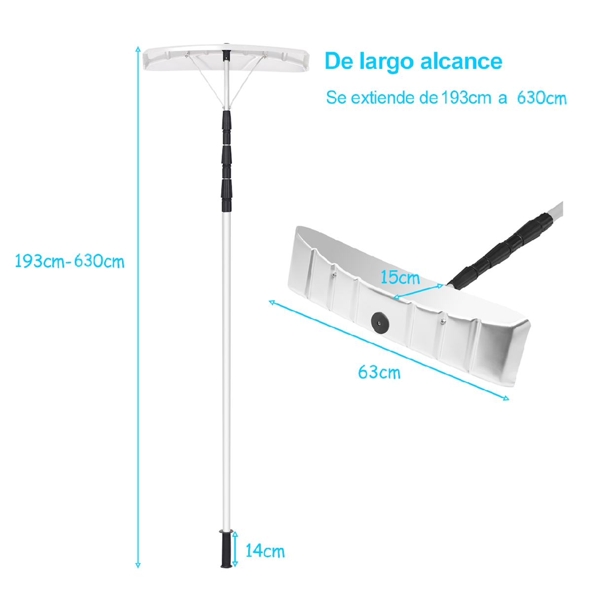 Rastrillo de Nieve para Techo Telescópico Ajustable de 190 cm a 630 cm Pala de Nieve para Techo para Casa Jardín Parque Herramienta
