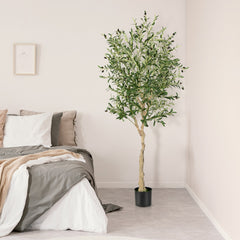 Juego de 1 Árboles de Olivo Artificial 182 cm Plantas Falsas Decorativas de Imitación en Maceta de Cemento para Interior Oficina Casa