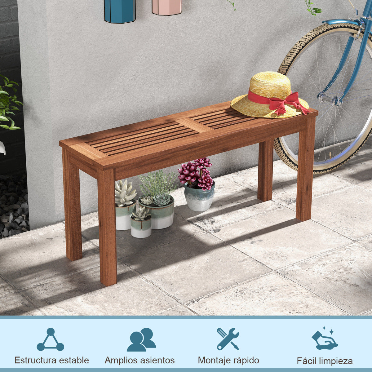 2 Banco de Madera Maciza para 2 Personas con Asiento de Listones Estructura de Madera Banco de Comedor para Patio 100 x 30,5 x 47 cm Natural