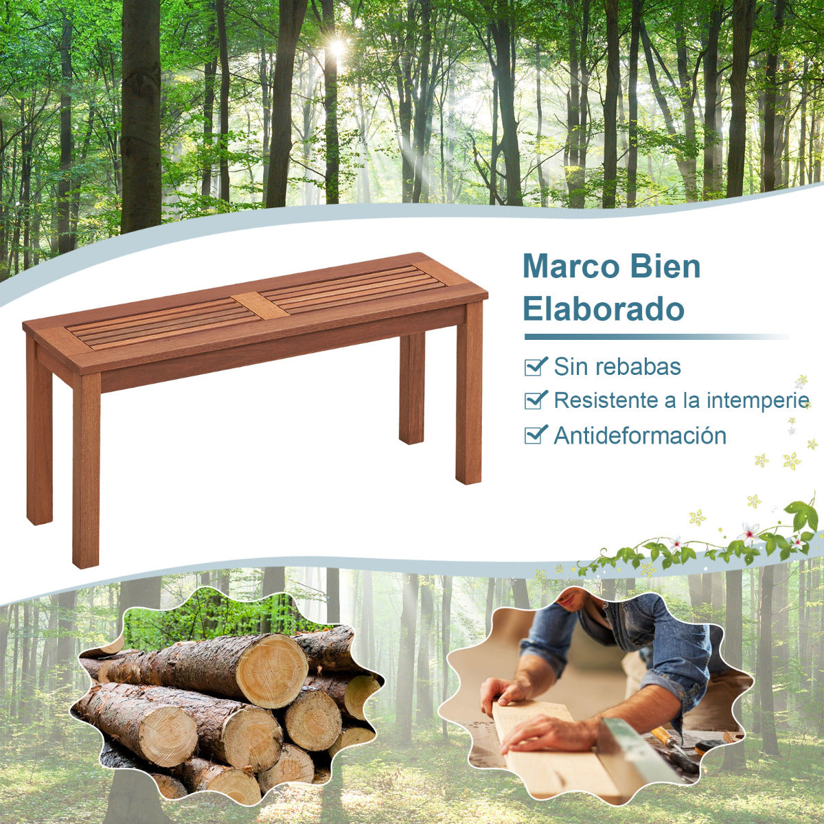 2 Banco de Madera Maciza para 2 Personas con Asiento de Listones Estructura de Madera Banco de Comedor para Patio 100 x 30,5 x 47 cm Natural