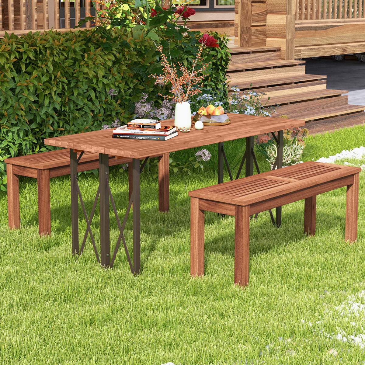 2 Banco de Madera Maciza para 2 Personas con Asiento de Listones Estructura de Madera Banco de Comedor para Patio 100 x 30,5 x 47 cm Natural