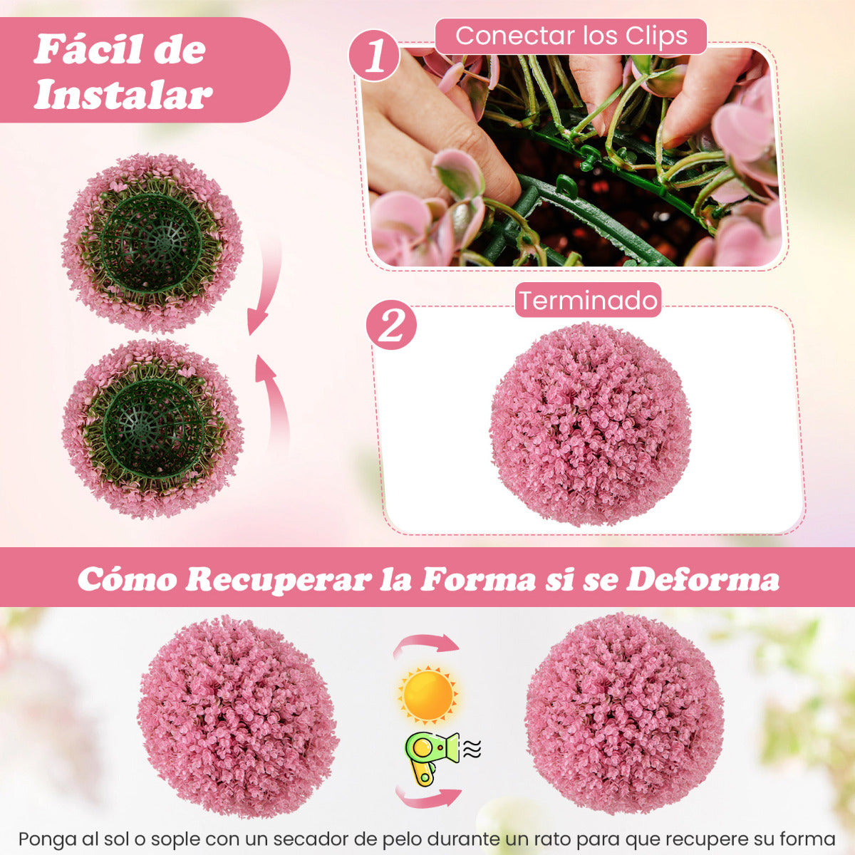 2 Bolas de Topiario de Plantas Artificiales Decorativas de Eucalipto Morado Sintético de 44 cm con 7 Capas de Hojas Esfera de Jardín Rosa