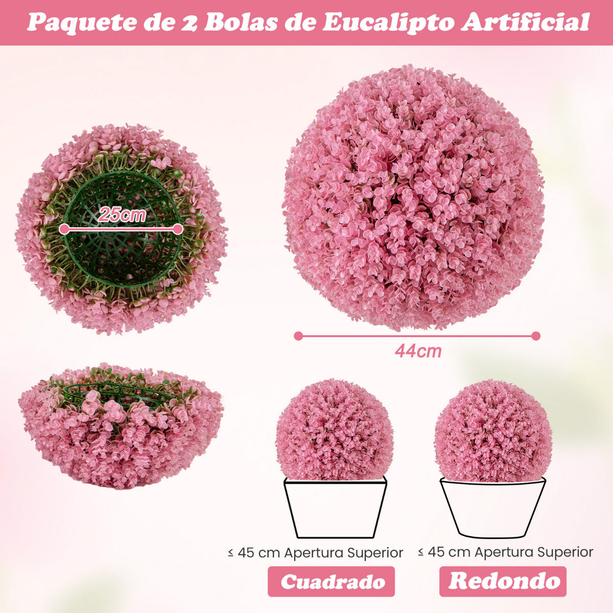 2 Bolas de Topiario de Plantas Artificiales Decorativas de Eucalipto Morado Sintético de 44 cm con 7 Capas de Hojas Esfera de Jardín Rosa