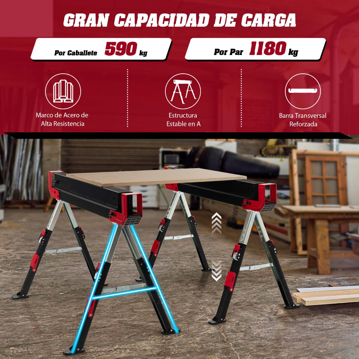 2 Caballetes Plegables de Acero con 2 x 4 Brazos de Soporte Altura Ajustable 61,5-82,7cm Caballetes de Sierra Portátiles hasta 1180 kg