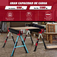 2 Caballetes Plegables de Acero con 2 x 4 Brazos de Soporte Altura Ajustable 61,5-82,7cm Caballetes de Sierra Portátiles hasta 1180 kg