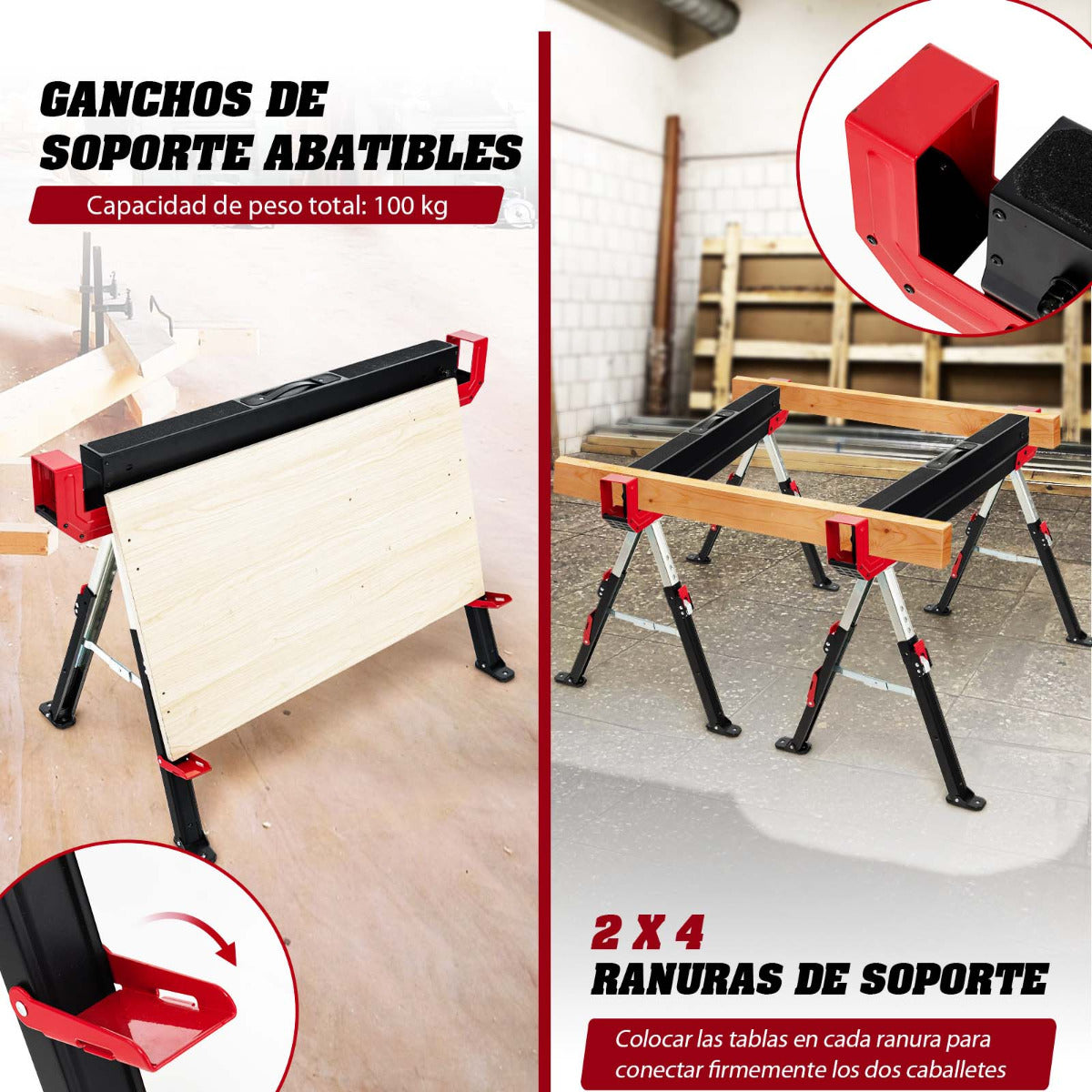 2 Caballetes Plegables de Acero con 2 x 4 Brazos de Soporte Altura Ajustable 61,5-82,7cm Caballetes de Sierra Portátiles hasta 1180 kg
