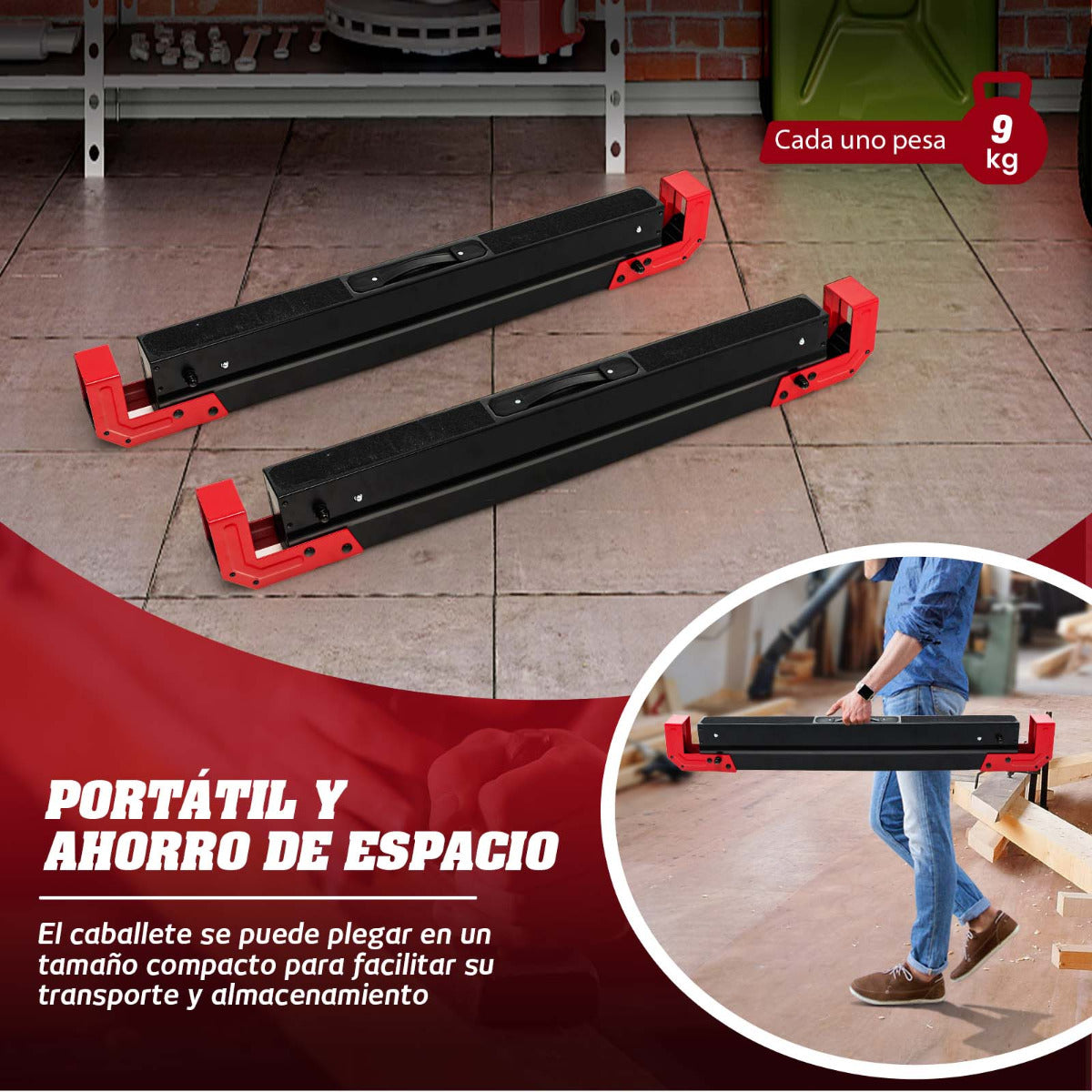 2 Caballetes Plegables de Acero con 2 x 4 Brazos de Soporte Altura Ajustable 61,5-82,7cm Caballetes de Sierra Portátiles hasta 1180 kg