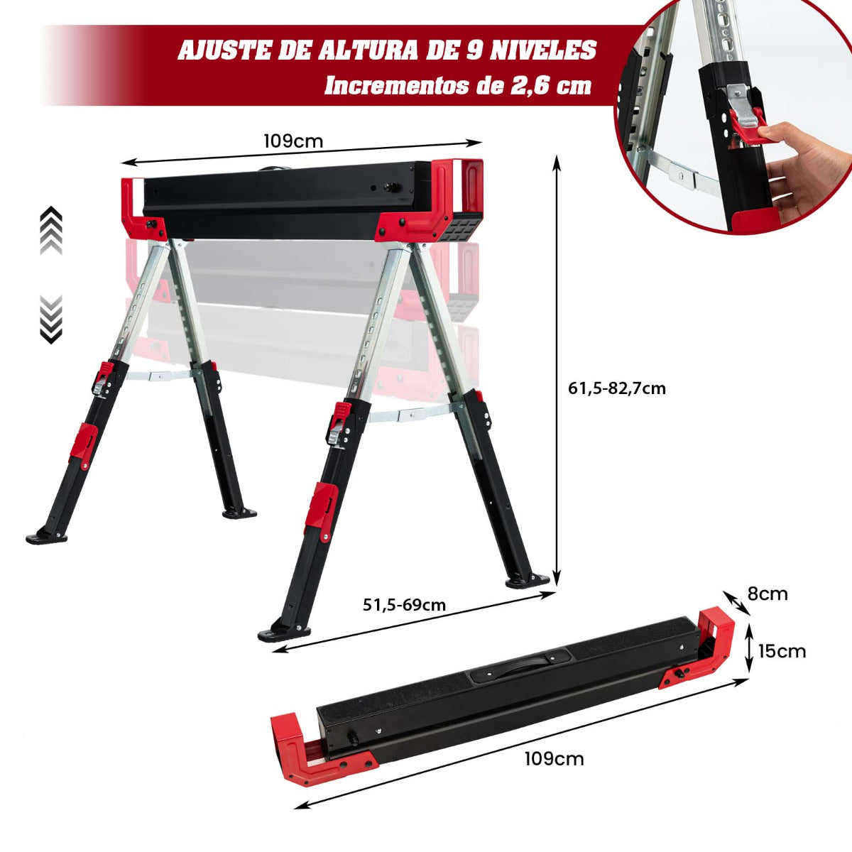 2 Caballetes Plegables de Acero con 2 x 4 Brazos de Soporte Altura Ajustable 61,5-82,7cm Caballetes de Sierra Portátiles hasta 1180 kg
