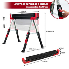 2 Caballetes Plegables de Acero con 2 x 4 Brazos de Soporte Altura Ajustable 61,5-82,7cm Caballetes de Sierra Portátiles hasta 1180 kg