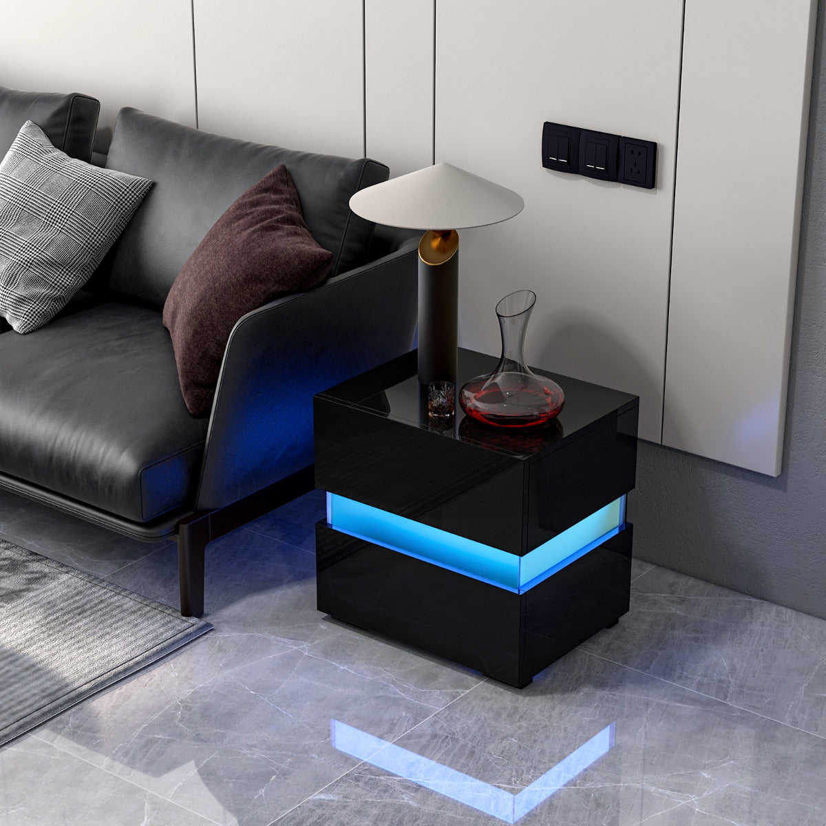 2 Mesita de Noche LED con Cajones Control Remoto 22 Modos Dinámicos Mesilla Auxiliar Moderna para Salón Dormitorio 45 x 35 x 45 cm Negro