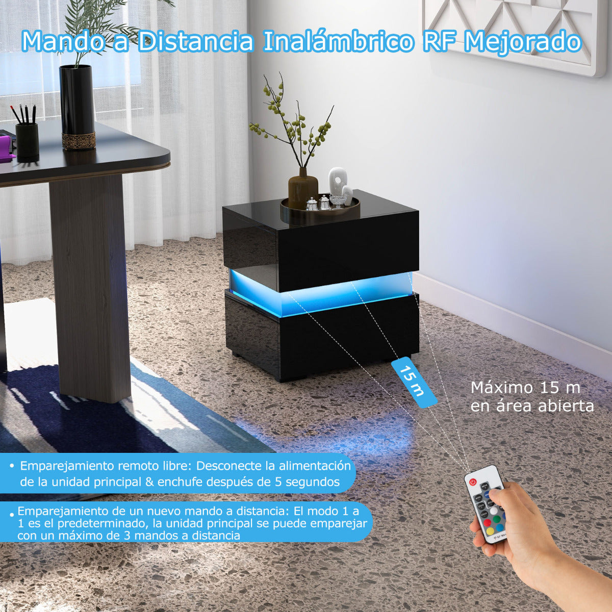 2 Mesita de Noche LED con Cajones Control Remoto 22 Modos Dinámicos Mesilla Auxiliar Moderna para Salón Dormitorio 45 x 35 x 45 cm Negro