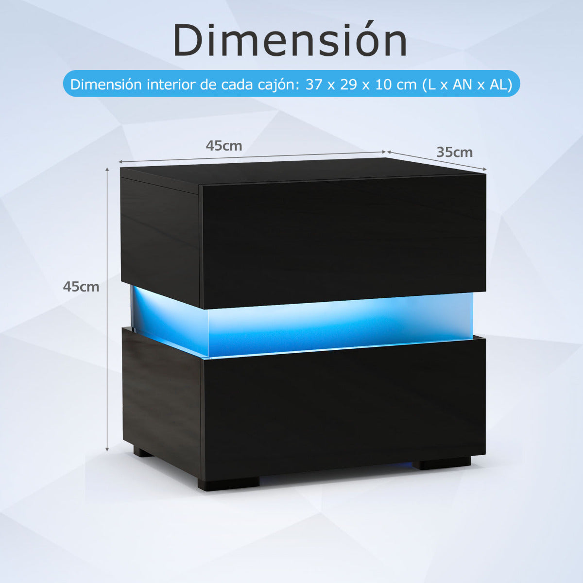 2 Mesita de Noche LED con Cajones Control Remoto 22 Modos Dinámicos Mesilla Auxiliar Moderna para Salón Dormitorio 45 x 35 x 45 cm Negro
