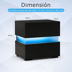 2 Mesita de Noche LED con Cajones Control Remoto 22 Modos Dinámicos Mesilla Auxiliar Moderna para Salón Dormitorio 45 x 35 x 45 cm Negro