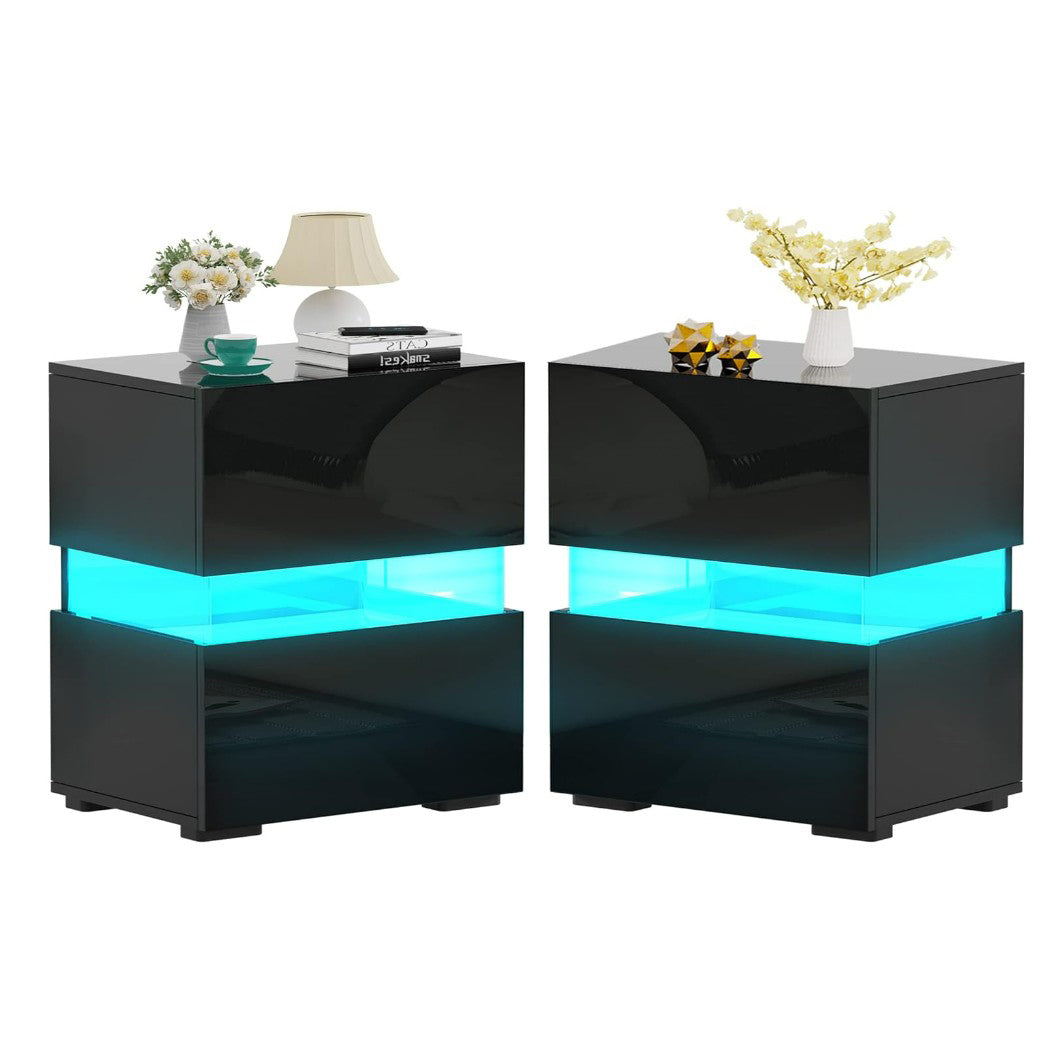 2 Mesita de Noche LED con Cajones Control Remoto 22 Modos Dinámicos Mesilla Auxiliar Moderna para Salón Dormitorio 45 x 35 x 45 cm Negro