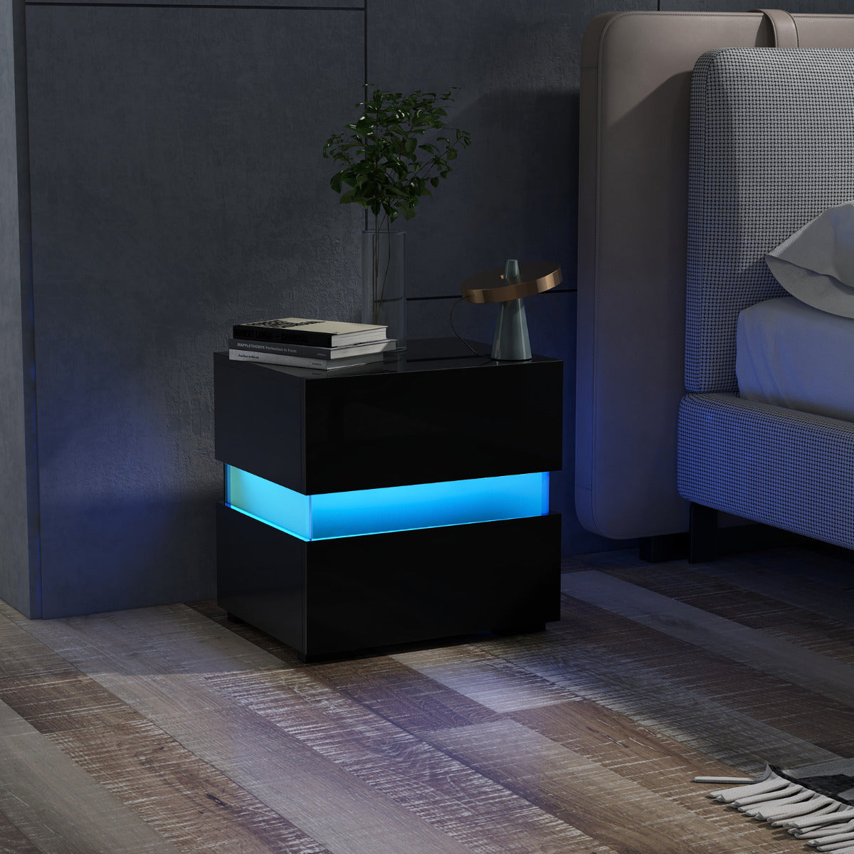 2 Mesita de Noche LED con Cajones Control Remoto 22 Modos Dinámicos Mesilla Auxiliar Moderna para Salón Dormitorio 45 x 35 x 45 cm Negro