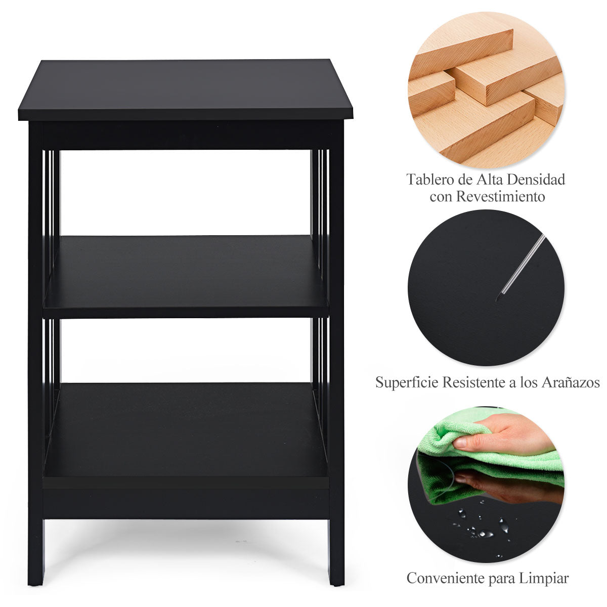 2 Mesilla de Noche con Barras de Refuerzo y Estructura Estable para Dormitorio Salón Pasillo 40 x 40 x 61 cm Negro