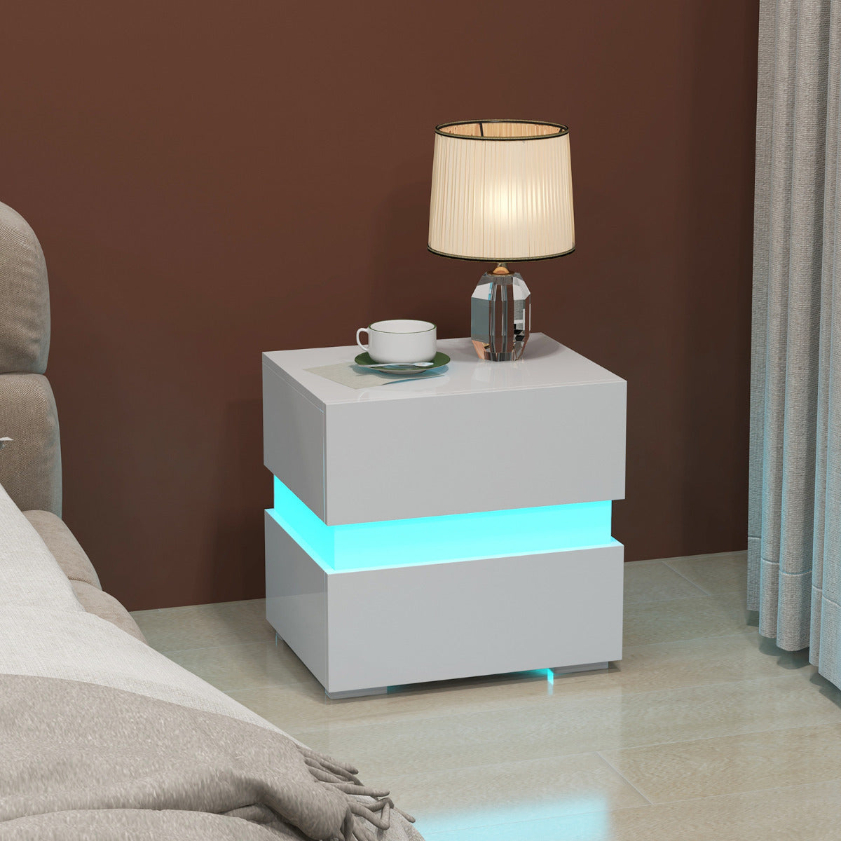 2 Mesita de Noche LED con Cajones Control Remoto 22 Modos Dinámicos Mesilla Auxiliar Moderna para Salón Dormitorio 45 x 35 x 45 cm Blanco