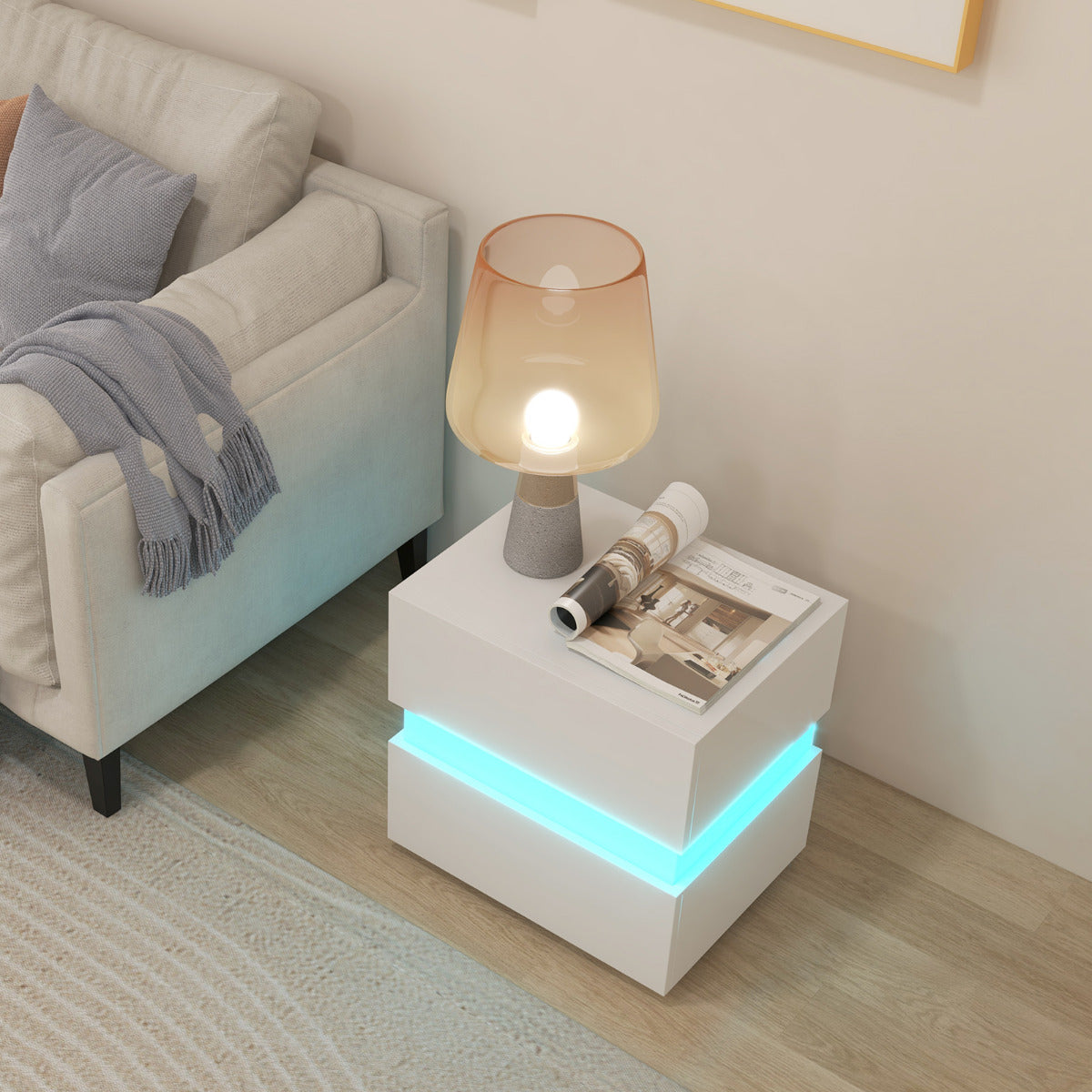 2 Mesita de Noche LED con Cajones Control Remoto 22 Modos Dinámicos Mesilla Auxiliar Moderna para Salón Dormitorio 45 x 35 x 45 cm Blanco
