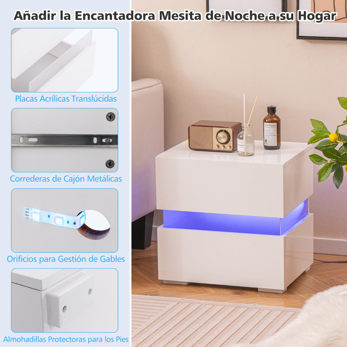 2 Mesita de Noche LED con Cajones Control Remoto 22 Modos Dinámicos Mesilla Auxiliar Moderna para Salón Dormitorio 45 x 35 x 45 cm Blanco