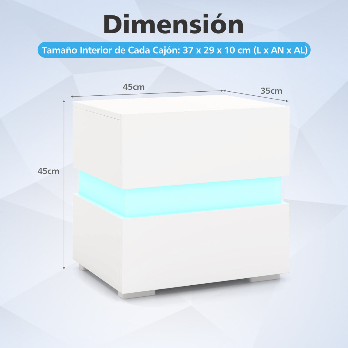 2 Mesita de Noche LED con Cajones Control Remoto 22 Modos Dinámicos Mesilla Auxiliar Moderna para Salón Dormitorio 45 x 35 x 45 cm Blanco