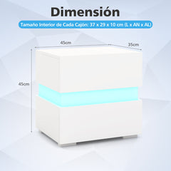 2 Mesita de Noche LED con Cajones Control Remoto 22 Modos Dinámicos Mesilla Auxiliar Moderna para Salón Dormitorio 45 x 35 x 45 cm Blanco